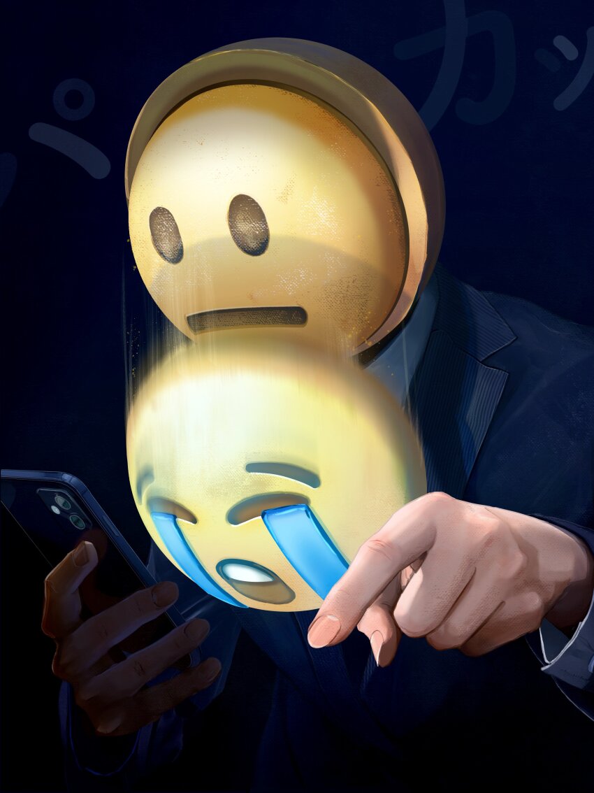 1boy absurdres cellphone commentary_request crying_emoji emoji formal_clothes hands_up highres holding holding_phone jacket long_sleeves male_focus meme original phone satire smartphone social_commentary solo suit uohhhhhhhhh!_(meme) upper_body utsusemi_rari