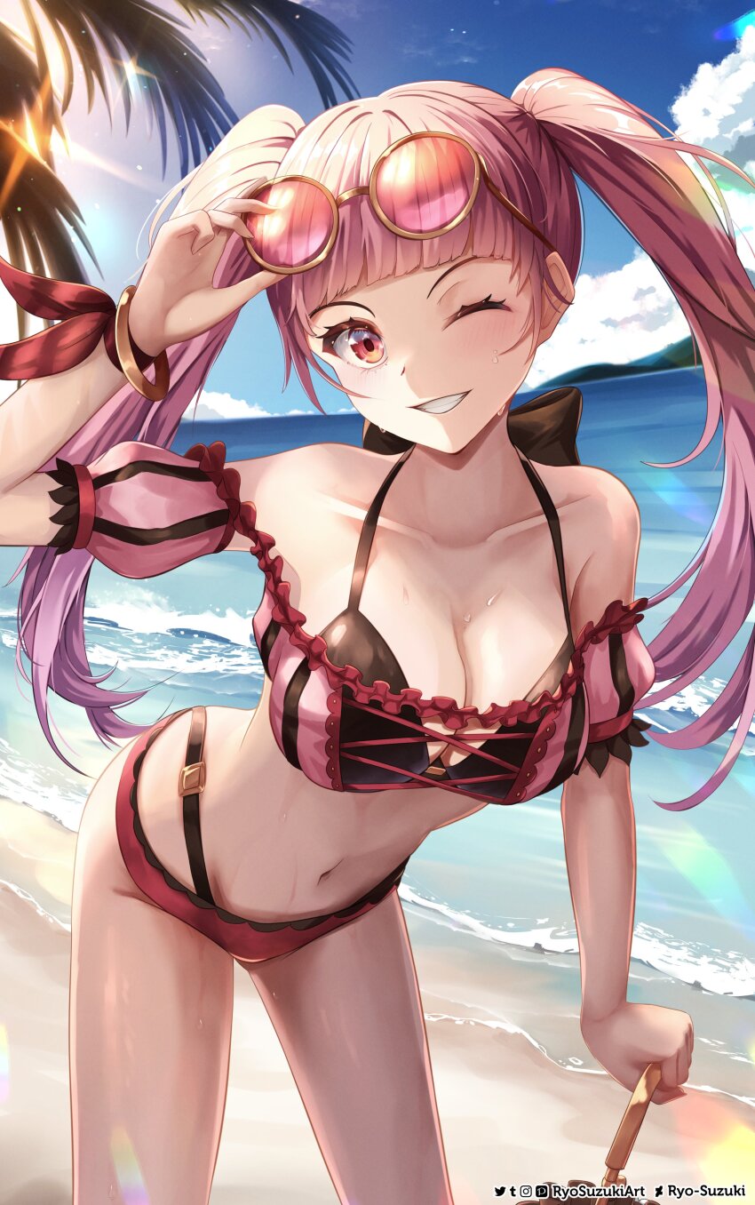 1girl absurdres artist_name beach bikini blunt_bangs breasts collarbone eyewear_on_head fire_emblem fire_emblem:_three_houses fire_emblem_heroes grin highres hilda_valentine_goneril hilda_valentine_goneril_(summer) holding holding_umbrella large_breasts long_hair navel nintendo official_alternate_costume one_eye_closed palm_leaf palm_tree parasol pink_bikini pink_eyes pink_hair ryo-suzuki sky smile solo sunglasses swimsuit tree twintails twitter_username umbrella very_long_hair