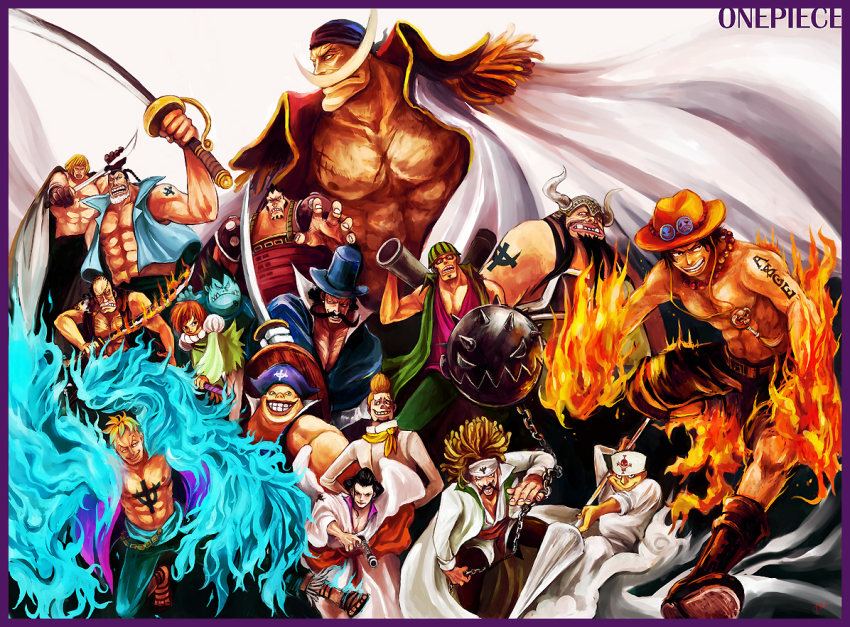 6+boys abs armor atmos_(one_piece) bad_id bad_pixiv_id ball bandana beard belt black_hair blamenco blenheim blonde_hair blue_fire blue_skin boots braid braided_beard brown_hair cape chain cigar colored_skin copyright_name curiel_(one_piece) edward_newgate epaulettes everyone facial_hair fiery_wings fire flower_sword_vista fossa_(one_piece) freckles glasses gloves green_shirt grin gun hammer haruta_(one_piece) hat headband helmet horns izou_(one_piece) japanese_clothes jewelry jozu_(one_piece) kingdew long_beard long_coat long_hair m1_bazooka male_focus marco_(one_piece) monster_boy multiple_boys muscular mustache namur_(one_piece) necklace one_piece orange_hair pirate portgas_d._ace rakuyou_(one_piece) rocket_launcher sandals sash scar shirt short_hair smile smoking speed_jiru sword tattoo thatch_(one_piece) top_hat topless_male tsuyomaru weapon white_hair white_shirt wings