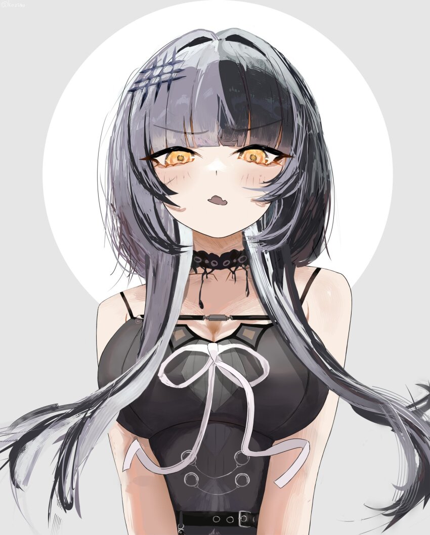 1girl black_choker black_dress black_hair breasts choker cleavage commentary dress grey_hair hair_ornament highres hololive hololive_english kozimo123456 large_breasts light_blush long_hair looking_at_viewer multicolored_hair open_mouth ribbon shiori_novella shiori_novella_(1st_costume) solo split-color_hair two-tone_hair virtual_youtuber white_ribbon yellow_eyes