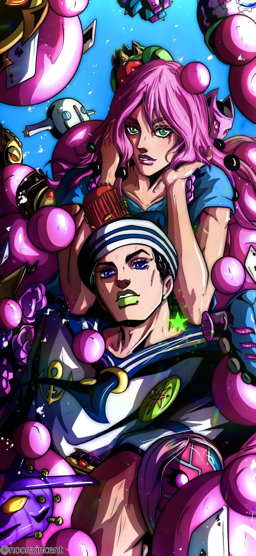 1boy 1girl 6+others absurdres anchor_symbol awaking_iii_leaves birthmark black_hair blue_eyes blue_sailor_collar blue_shirt brain_storm bubble dixie_cup_hat doggy_style_(stand) green_eyes green_lips hat higashikata_josuke_(jojolion) highres hirose_yasuho joestar_birthmark jojo_no_kimyou_na_bouken jojolion killer_queen king_nothing long_hair long_sleeves love_love_deluxe_(stand) military_hat multicolored_eyes multiple_others noonvincent nut_king_call paisley_park_(stand) paper_moon_king pink_hair pink_lips purple_eyes sailor_collar sailor_hat shirt short_hair short_sleeves soft_&amp;_wet space_trucking_(stand) speed_king stand_(jojo) star_(symbol) vitamin_c_(stand) white_shirt wonder_of_u