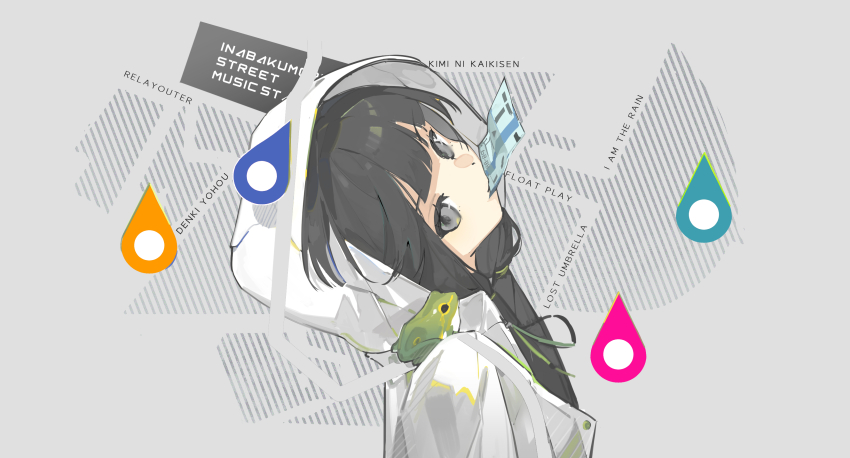 1girl absurdres animal animal_on_shoulder black_hair coat commentary english_text expressionless frog frog_on_shoulder from_side grey_background grey_eyes hair_tie highres hood hood_up hooded_coat inabakumori irple long_hair looking_at_viewer low_twintails map map_(object) map_background map_pin mouth_hold osage_(nukunuku_nigirimeshi) profile raincoat rainy_boots_(vocaloid) shaft_look sideways_glance solo song_name songover symbol-only_commentary twintails white_coat white_raincoat
