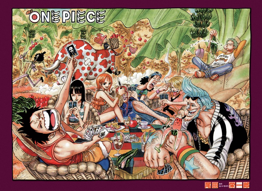 00s 2008 2girls 6+boys ace_(playing_card) ace_of_spades afro angry animal apple arm_up bare_shoulders bespectacled black_hair black_headwear black_neckwear blonde_hair blue_hair brook_(one_piece) bull card chain chair cigarette closed_eyes clubs collared_shirt cover cover_page crossed_legs cup cyborg diamonds drink eating eyewear_on_head food fruit glass glasses green_hair green_shirt hair_over_one_eye happy hat heart highres holding holding_weapon horns indian_style jacket jewelry joker_(playing_card) knife long_hair long_sleeves looking_at_another monkey_d._luffy multiple_boys multiple_girls nami_(one_piece) necklace necktie nico_robin oda_eiichirou official_art one_piece open_mouth orange_hair overalls pants parted_bangs pink_headwear playing_card pompadour raglan_sleeves reindeer roronoa_zoro running sandals sanji_(one_piece) shirt short_hair short_sleeves shorts sitting skeleton sleeveless sleeveless_shirt smile smoke smoking spade spade_(shape) spades star_(symbol) star_print straw_hat striped_clothes striped_pants sunglasses sword tattoo teeth tongue tongue_out tony_tony_chopper top_hat unworn_hat unworn_headwear usopp weapon wristband