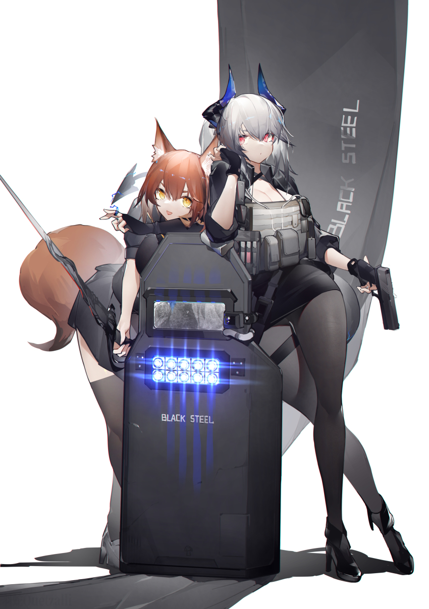 2girls absurdres animal_ear_fluff animal_ears arknights ballistic_shield banner black_shirt black_skirt blouse commentary_request dazzler_(weapon) electricity electrified_shield electrified_weapon electroshock_weapon energy energy_weapon eyebrows_hidden_by_hair flash_shield flashlight fox_ears fox_tail franka_(arknights) glowing glowing_shield glowing_weapon hair_between_eyes highres holding holding_sword holding_weapon horns less-than-lethal_weapon light liskarm_(arknights) long_hair multiple_girls pantyhose pencil_skirt red_eyes riot_shield shield shirt side-by-side silver_hair simple_background skirt stun_shield sword tail thigh_strap thighhighs thighs weapon white_background yellow_eyes yushe_quetzalli