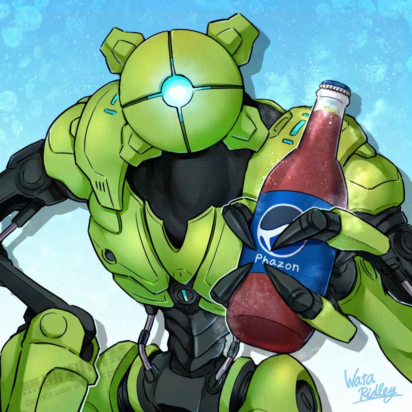 blue_eyes bottle e.m.m.i._(metroid) highres humanoid_robot joints looking_at_viewer mechanical_arms mechanical_legs metroid metroid_dread nintendo no_humans pepsi phazon robot robot_joints signature soda_bottle solo wakaba_(wata_ridley)