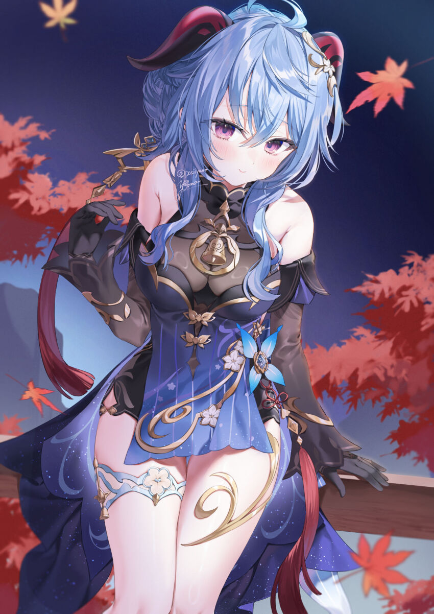 1girl ahoge autumn_leaves bare_shoulders black_blood black_gloves blood blue_dress blue_hair blush breasts cleavage closed_mouth commentary detached_sleeves dress ganyu_(genshin_impact) ganyu_(twilight_blossom)_(genshin_impact) genshin_impact gloves goat_horns gradient_clothes gradient_dress hair_between_eyes highres horns leaf long_hair looking_at_viewer medium_breasts official_alternate_costume on_railing purple_eyes railing see-through_cleavage see-through_clothes singapore sitting sleeveless sleeveless_dress smile solo symbol-only_commentary twitter_username very_long_hair yana_mori