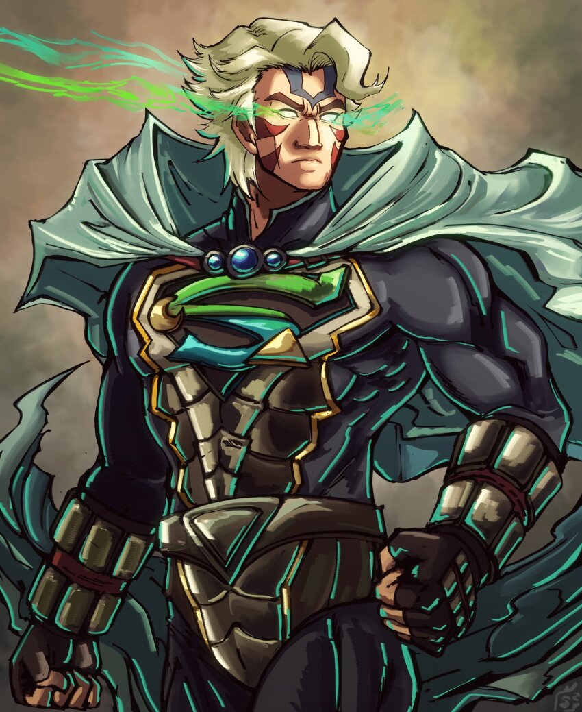 1boy alternate_color alternate_costume alternate_eye_color alternate_hair_color armor aura biceps blue_gemstone bodysuit cape chest_jewel commentary corruption crescent crescent_print crossover dark_persona dc_comics english_commentary facial_mark facial_tattoo fierce_deity fingerless_gloves gem gloves glowing glowing_eyes highres letter_print looking_to_the_side male_focus nintendo no_pupils possessed possession serious short_hair skin_tight stoic_seraphim superman superman_(series) tattoo the_legend_of_zelda the_legend_of_zelda:_majora&#039;s_mask triangle triangle_print white_eyes white_hair wrist_guards