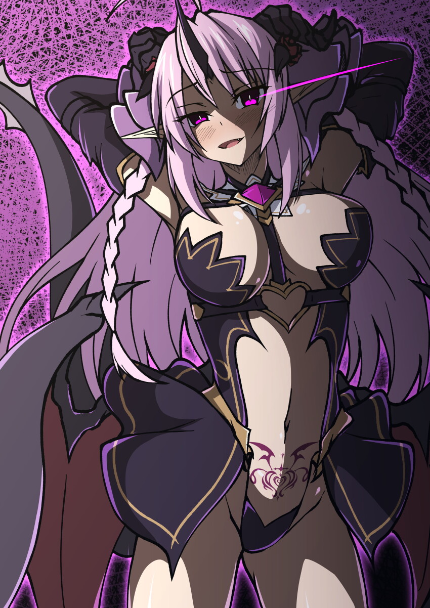 1girl absurdres ahoge aoi_tabane armpits arms_behind_head arms_up black_horns blush braid breasts center_opening corruption cosplay cowboy_shot crossover dark_persona demon_girl demon_horns demon_tail demon_wings gloves glowing glowing_eye glowing_eyes heart highres horns kamiizumi_yuuri large_breasts long_hair looking_at_viewer luxtia luxtia_(cosplay) navel open_mouth pink_hair pointy_ears pubic_tattoo purple_eyes revealing_clothes showgirl_skirt shukusei_no_girlfriend_-the_destiny_star_of_girlfriend- single_horn smile solo stomach_tattoo tail tattoo twin_braids wings