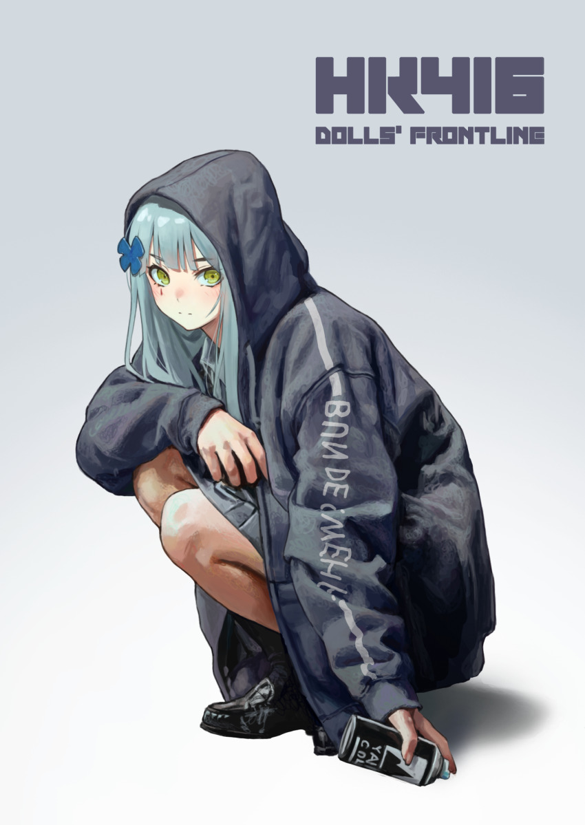 1girl alternate_costume arm_on_knee bare_legs black_hoodie black_skirt blue_hair blush boots casual character_name copyright_name cross expressionless facepaint from_side full_body girls&#039;_frontline green_eyes hair_ornament hairclip highres hk416_(girls&#039;_frontline) hood hood_down hoodie iron_cross knees_to_chest leaning_forward long_hair looking_at_viewer miniskirt niud open_clothes open_hoodie pleated_skirt skirt solo spray_paint squatting staring teardrop very_long_hair