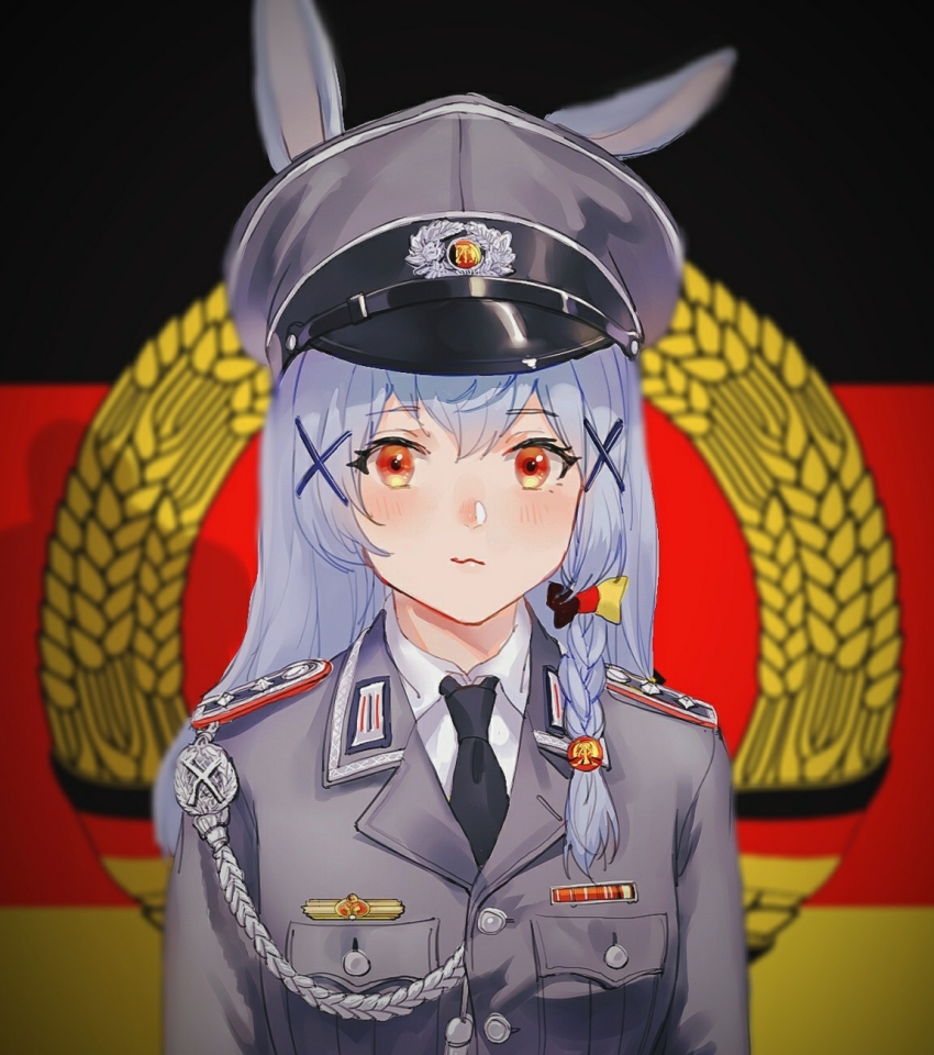 aiguillette animal_ears belt belt_buckle black_boots blue_hair boots braid buckle east_german_flag east_germany epaulettes hair_ornament hairpin hat highres military_hat military_uniform nationale_volksarmee original rabbit_ears shadow single_braid tuziki_sang x_hair_ornament