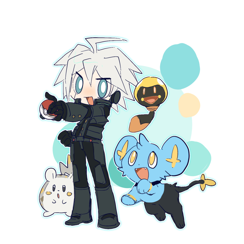 1boy ahoge android armor blue_eyes commentary_request danganronpa_(series) danganronpa_v3:_killing_harmony full_body gen_4_pokemon gen_7_pokemon gloves hair_between_eyes highres holding k1-b0 looking_at_viewer male_focus nintendo open_mouth pants poke_ball pokemon pokemon_(creature) power_armor shinx short_hair simple_background standing tadbulb togedemaru white_hair xian_(axxxx-721)