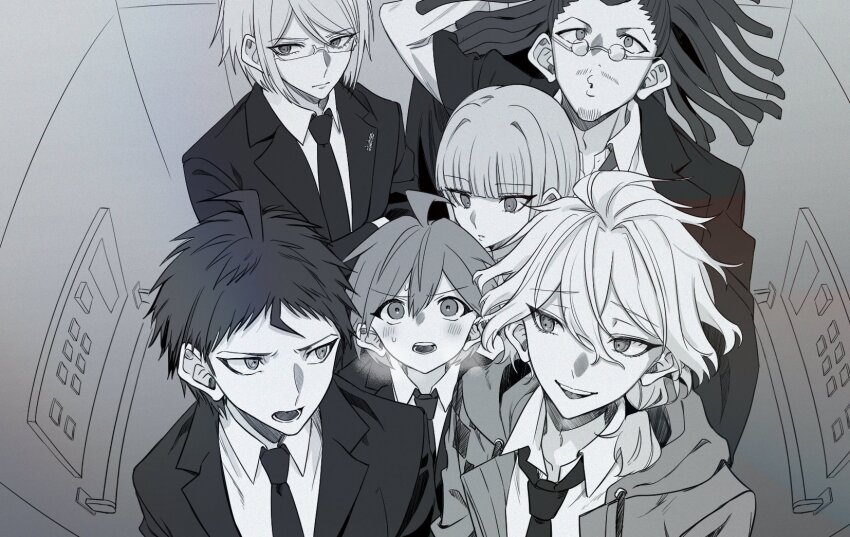 1girl 5boys ahoge beard_stubble blunt_bangs blush collared_shirt crossed_arms danganronpa_(series) drawstring dreadlocks elevator facial_hair formal_clothes from_above glasses greyscale hagakure_yasuhiro hair_between_eyes hair_intakes heavy_breathing highres hinata_hajime hood hooded_jacket jacket kirigiri_kyoko komaeda_nagito lapel_pin long_hair monochrome multiple_boys mustache_stubble naegi_makoto necktie ponytail round_eyewear runchelnln sandwiched shirt short_hair small_sweatdrop smile stubble suit togami_byakuya
