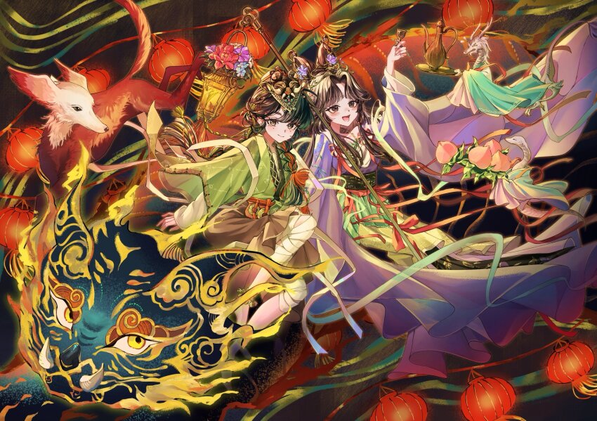 2girls :d ankle_bell arm_up bandaged_leg bandages black_hair braid chinese_clothes cup dragon eastern_dragon facial_mark feixianji_(hairstyle) flower food forehead_mark fruit full_body green_hanfu hagoromo hair_flower hair_ornament hanfu highres holding holding_cup holding_food holding_fruit holding_lantern huadian jiu_niangzi jiu_niangzi_(blossom_spring_fairy) kettle lantern leg_wrap liang_yue_(reverse:1999) long_hair long_skirt low_twin_braids mark_under_both_eyes mask mask_on_head miniskirt minnim multiple_girls open_mouth paper_lantern parted_bangs peach purple_flower purple_hanfu qiangliang_(reverse:1999) red_flower red_skirt reverse:1999 shawl skirt smile snake twin_braids white_shawl wide_sleeves yellow_eyes yellow_skirt
