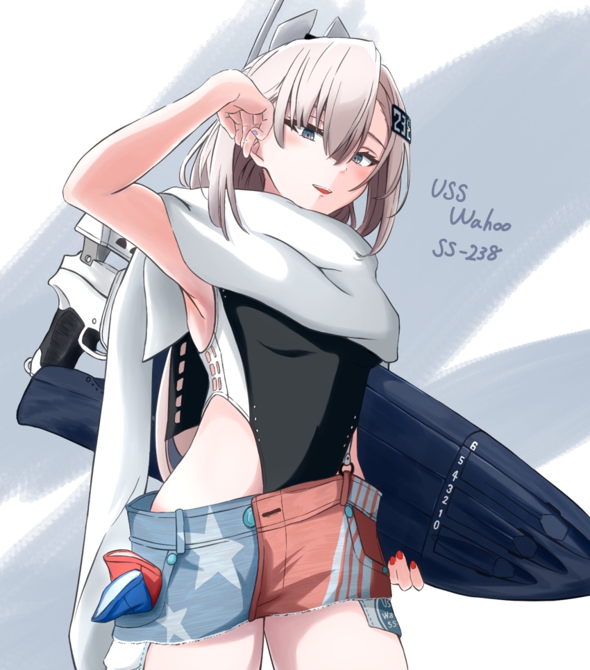 1girl american_flag american_flag_print american_flag_skirt black_one-piece_swimsuit character_name denim denim_skirt flag_print grey_eyes grey_hair headgear highleg highleg_one-piece_swimsuit highres kantai_collection long_hair one-piece_swimsuit print_skirt skirt solo super_highleg swimsuit takechi_(yamato_kure_46) torpedo_launcher two-tone_one-piece_swimsuit wahoo_(kancolle) white_one-piece_swimsuit