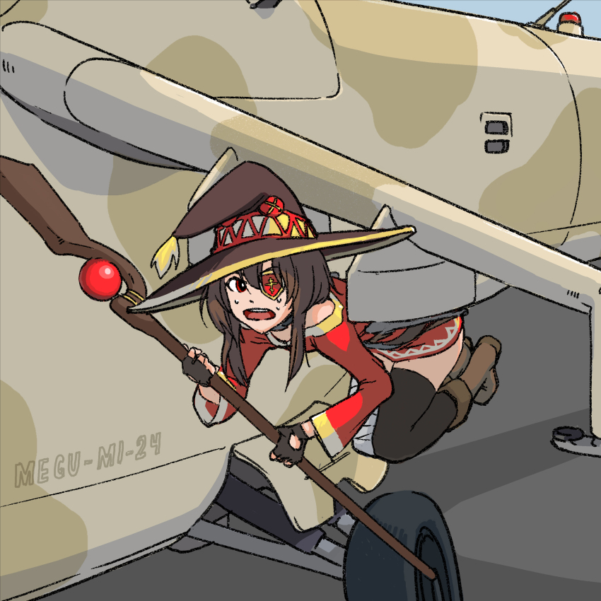 1girl aircraft attack_helicopter bandaged_leg bandages black_choker black_gloves black_hat black_thighhighs boots breasts brown_boots brown_hair camouflage character_name choker commentary dress english_commentary eyepatch fingerless_gloves full_body gloves hair_between_eyes hanging hat helicopter highres holding holding_staff knees_up kono_subarashii_sekai_ni_shukufuku_wo! landing_gear long_sleeves looking_back megumin mi-24 military military_vehicle nervous open_mouth paperboard red_dress red_eyes short_dress short_hair short_hair_with_long_locks sidelocks single_thighhigh small_breasts solo staff sweat sweatdrop teeth thighhighs unconventional_weapon upper_teeth_only vehicle_name weapon_mount witch_hat
