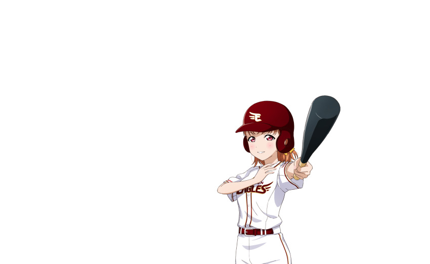 1girl anime_coloring arm_up baseball baseball_bat baseball_helmet baseball_uniform belt belt_buckle bow breasts buckle cowboy_shot grin hair_bow hand_on_own_chest hand_up helmet highres looking_at_viewer love_live! love_live!_sunshine!! medium_breasts medium_hair negative_space nippon_professional_baseball official_art orange_hair outline outstretched_arm pants playing_sports red_belt red_eyes red_helmet serious shirt short_sleeves smile solo sportswear takami_chika teeth touhoku_rakuten_golden_eagles transparent_background v-shaped_eyebrows white_outline white_pants white_shirt yellow_bow