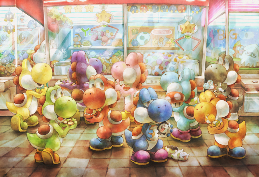 ^_^ arcade black_eyes black_yoshi blooper_(mario) blue_yoshi bob-omb bomb_boo boo_(mario) bullet_bill character_doll cheep_cheep closed_eyes closed_mouth commentary commentary_request crane_game doll english_commentary fire_flower goomba green_shell_(mario) holding holding_doll hugging_object indoors lakitu lakitu&#039;s_cloud light_blue_yoshi looking_at_another looking_to_the_side mario_(series) mecha-koopa mixed-language_commentary nintendo open_mouth orange_yoshi pink_yoshi purple_yoshi red_yoshi smile standing star_(symbol) stuffed_toy sui_(petit_comet) super_mushroom super_star_(mario) tile_floor tiles wiggler yellow_yoshi yoshi yoshi_egg