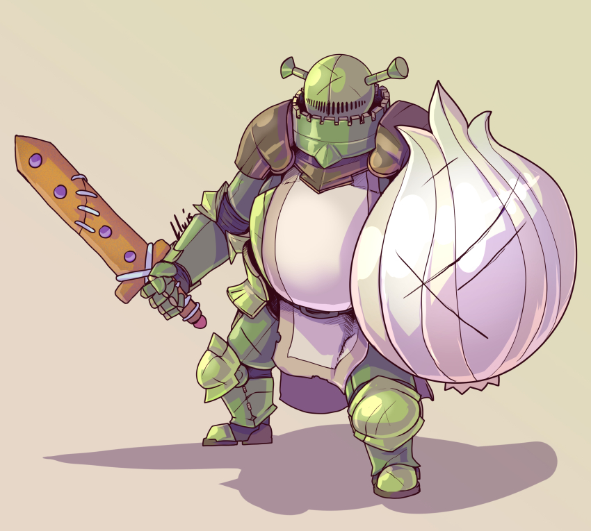 absurdres armor dungeons_&amp;_dragons full_armor gauntlets grey_background helmet highres holding holding_shield holding_sword holding_weapon lluisabadias onion pauldrons scratches shield shoulder_armor shrek solo standing stitches sword tabard weapon white_tabard