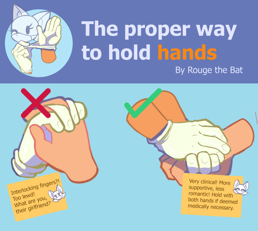 1boy 1girl absurdres animal_ears character_name diagram disembodied_hand doctor english_text eyelashes gloves highres holding_hands how_to interlocked_fingers karl0 latex latex_gloves rouge_the_bat sonic_(series) white_gloves