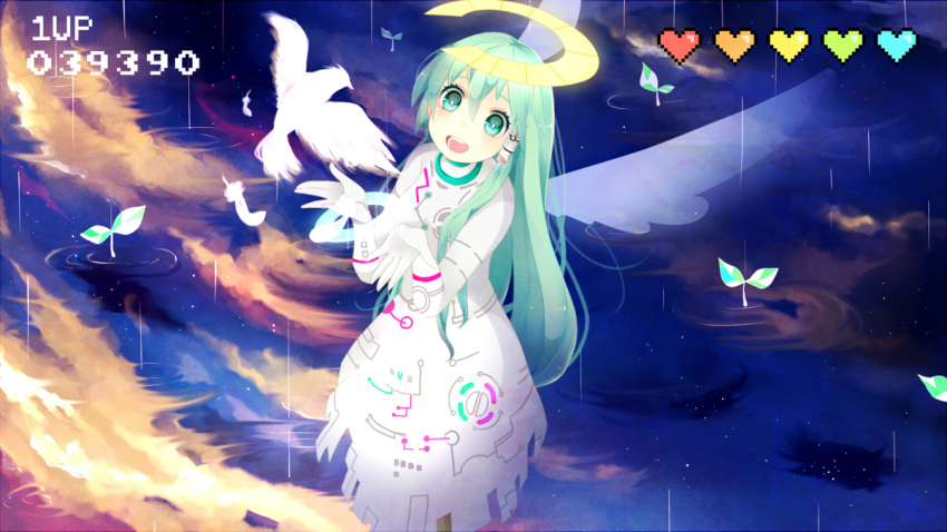 1girl 39 bad_id bad_pixiv_id bird feathers female_focus green_eyes green_hair halo hatsune_miku hatsune_miku_(hello_world.) health_bar hello_planet_(vocaloid) long_hair matatabi_dango matching_hair/eyes open_mouth project_diva_(series) project_diva_extend solo very_long_hair vocaloid wings