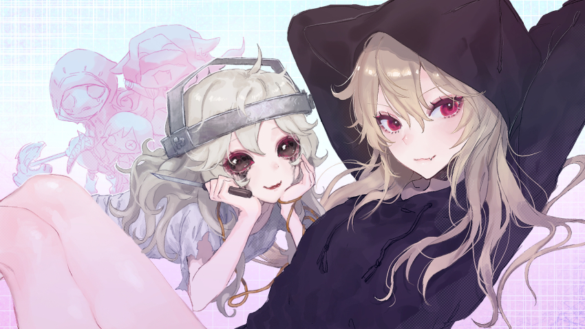 1other 4girls :3 animal_hood arms_behind_head arms_up black_blood black_hoodie blonde_hair blood bloody_tears blue_background borrowed_character brown_eyes chibi closed_mouth fang feet_out_of_frame follower_(identity_v) galatea_(identity_v) gradient_background hair_between_eyes hands_on_own_face highres holding holding_knife hood hood_up hoodie identity_v jiz_(pffbq) knees_up knife long_hair long_sleeves looking_at_viewer lying multiple_girls on_stomach original pink_background red_eyes red_lips robbie_(identity_v) robbie_(wail)_(identity_v) skin_fang smile solid_eyes virtual_youtuber yidhra_(identity_v)