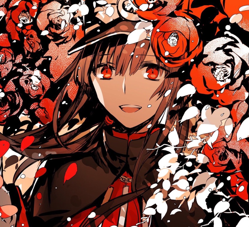 1boy :d black_cape brown_hair camellia cape crosshatching falling_petals fate/grand_order fate_(series) flower gloves hair_between_eyes hand_up hat hatching_(texture) high_collar highres jacket leaf limited_palette long_hair long_sleeves looking_at_viewer low_ponytail male_focus military_uniform oda_nobukatsu_(fate) open_mouth petals ponytail portrait red_eyes red_flower red_jacket red_petals rioka_(southern_blue_sky) shade shako_cap sidelocks smile snow snowing solo teeth upper_teeth_only white_gloves