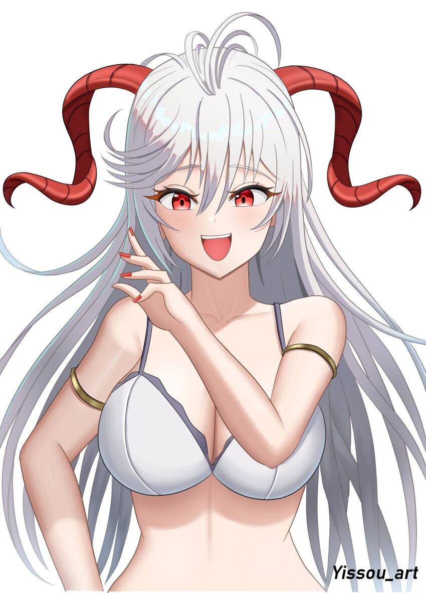 1girl :d bikini blush breasts cleavage fire_emblem fire_emblem_heroes freyja_(fire_emblem) freyja_(summer)_(fire_emblem) goat highres horns large_breasts large_horns laughing long_hair looking_at_viewer nail_polish nintendo official_alternate_costume open_mouth red_eyes red_horns smile solo swimsuit upper_body white_background white_bikini yissou_art