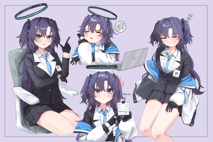 &gt;:( 1girl =_= absurdres anger_vein angry black_gloves black_halo black_skirt black_suit blue_archive blue_eyes blue_necktie blush closed_eyes closed_mouth collared_shirt commentary cowboy_shot english_commentary facing_viewer formal_clothes freshbeef frown gloves hair_ornament half_gloves halo hand_on_own_cheek hand_on_own_face hand_on_own_thigh hand_up highres holding holding_paper id_card index_finger_raised jacket jacket_partially_removed long_hair long_sleeves looking_at_viewer mechanical_halo millennium_science_school_logo miniskirt multiple_views necktie open_mouth paper pleated_skirt purple_background purple_hair red_pupils shirt simple_background sitting skirt sleeping speech_bubble spoken_squiggle squiggle suit thought_bubble triangle_hair_ornament two-sided_fabric two-sided_jacket two_side_up upper_body v-shaped_eyebrows white_jacket white_shirt yuuka_(blue_archive) zzz
