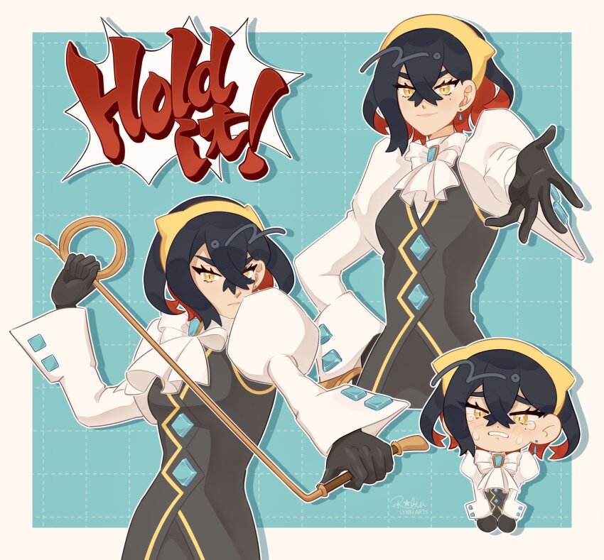 1girl ace_attorney alternate_hair_length alternate_hairstyle ascot black_hair carmine_(pokemon) colored_inner_hair crossed_bangs eyelashes franziska_von_karma gloves hair_between_eyes hairband highres holding holding_whip jewelry juliet_sleeves long_sleeves mole mole_under_eye multicolored_hair nintendo phoenix_wright:_ace_attorney_-_justice_for_all pokemon pokemon_sv puffy_sleeves red_hair robin_(robinlynnarts) short_hair two-tone_hair whip yellow_eyes yellow_hairband