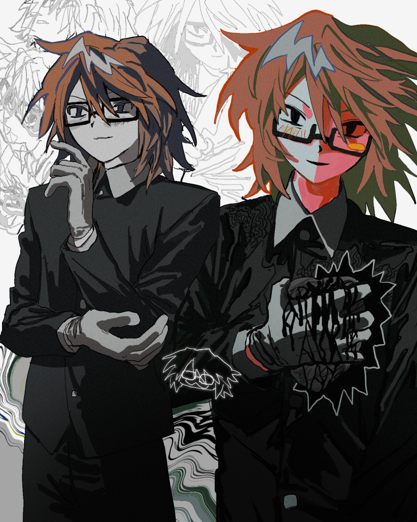 1boy black_eyes black_jacket commentary_request cowboy_shot glasses gloves heart_(organ) highres holding_heart_(organ) jacket looking_at_viewer male_focus multiple_views orange_hair randal&#039;s_friends randal_ivory short_hair tami_tome_mo white_background