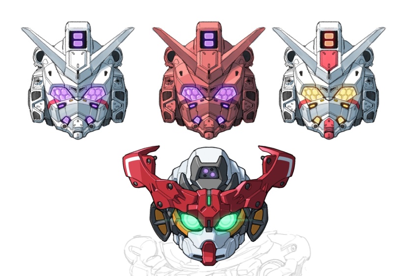 chinese_commentary commentary_request fake_horns glowing glowing_eyes gquuuuuux green_eyes gundam gundam_gquuuuuux head_only helmet highres horned_helmet horns mecha mecha_focus mobile_suit_gundam no_humans purple_eyes red_gundam robot rx-78-2_gundam science_fiction sd_gundam v-fin white_gundam xiangzi_box yellow_eyes