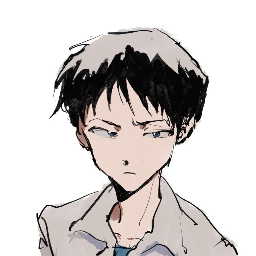 1boy artist_request beiquqian black_hair blue_eyes blue_shirt chinese_commentary closed_mouth collared_shirt frown grey_shirt highres ikari_shinji male_focus neon_genesis_evangelion portrait shirt short_hair simple_background sketch solo white_background wispy_bangs