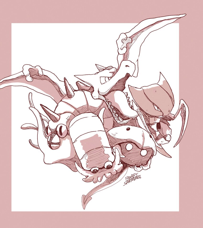 absurdres aerodactyl dinosaur game_freak gen_1_pokemon highres horns kabuto_(pokemon) kabutops monochrome nintendo omanyte omastar open_mouth pokemon pokemon_(creature) sakanagi_(a_r_co) sharp_teeth simple_background tail teeth tentacles wings