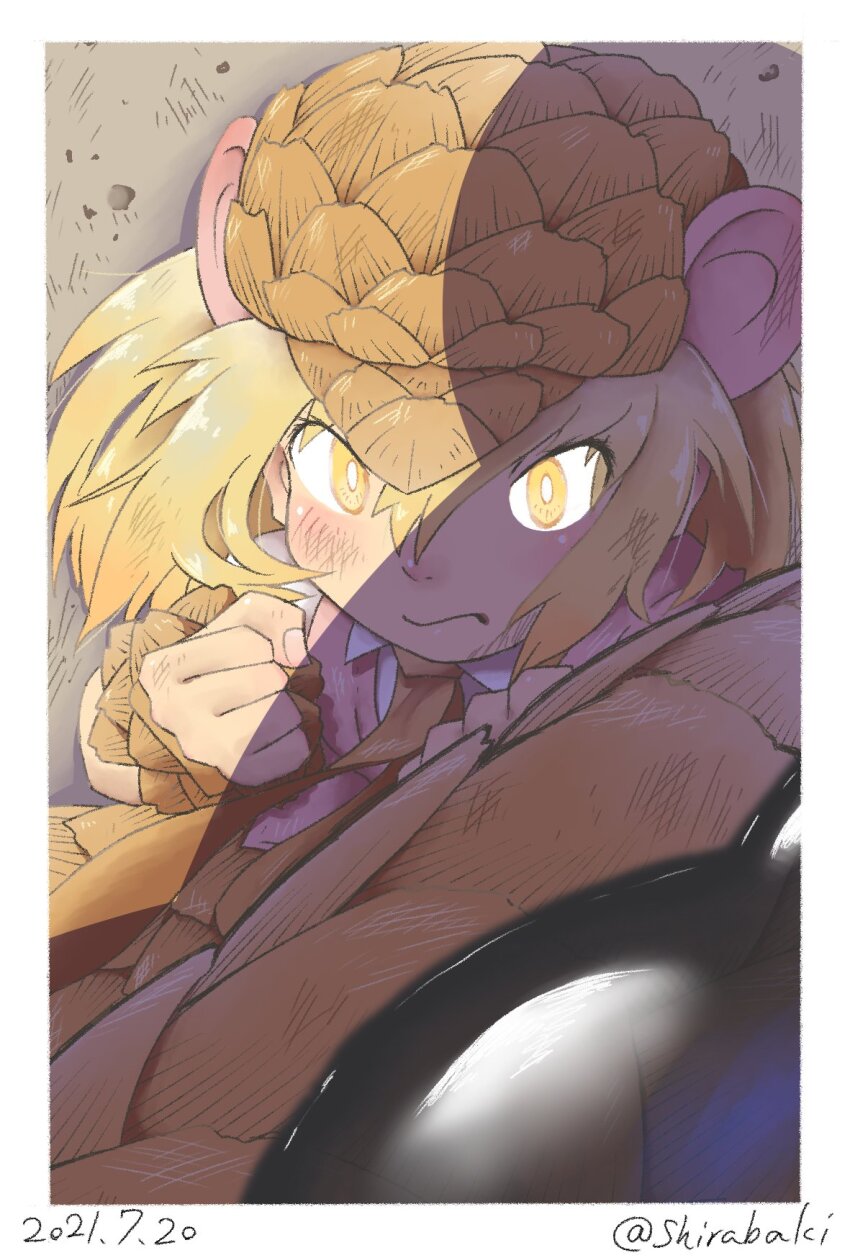 1girl animal_ears beret blonde_hair border cardigan dated extra_ears fighting_stance giant_pangolin_(kemono_friends) glowing glowing_eyes hat highres kemono_friends looking_at_viewer necktie pangolin_ears pangolin_tail shirabaki shirt short_hair solo tail_whip twitter_username white_border wristband