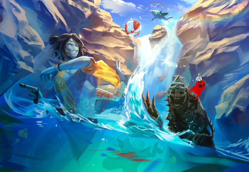 1boy 3others :d :o ;d anglerfish_boy anthias_(fish) ball beachball black_hair blue_skin catnip_cataria caustics cloud cloudy_sky colored_skin day empty_eyes extra_arms eyefestation flower from_below good_people_(pressure) gun hair_bun hair_flower hair_ornament handgun highres holding holding_gun holding_weapon imaginary_friend_(pressure) looking_at_viewer male_focus mini_person_on_shoulder motion_blur multiple_others on_shoulder one_eye_closed open_mouth outdoors partially_submerged player_character_(roblox) pressure_(roblox) rainbow sebastian_solace shark sidelocks simple_bird simple_fish sky smile snorkel_mask splashing too_many_eyes water waterfall weapon