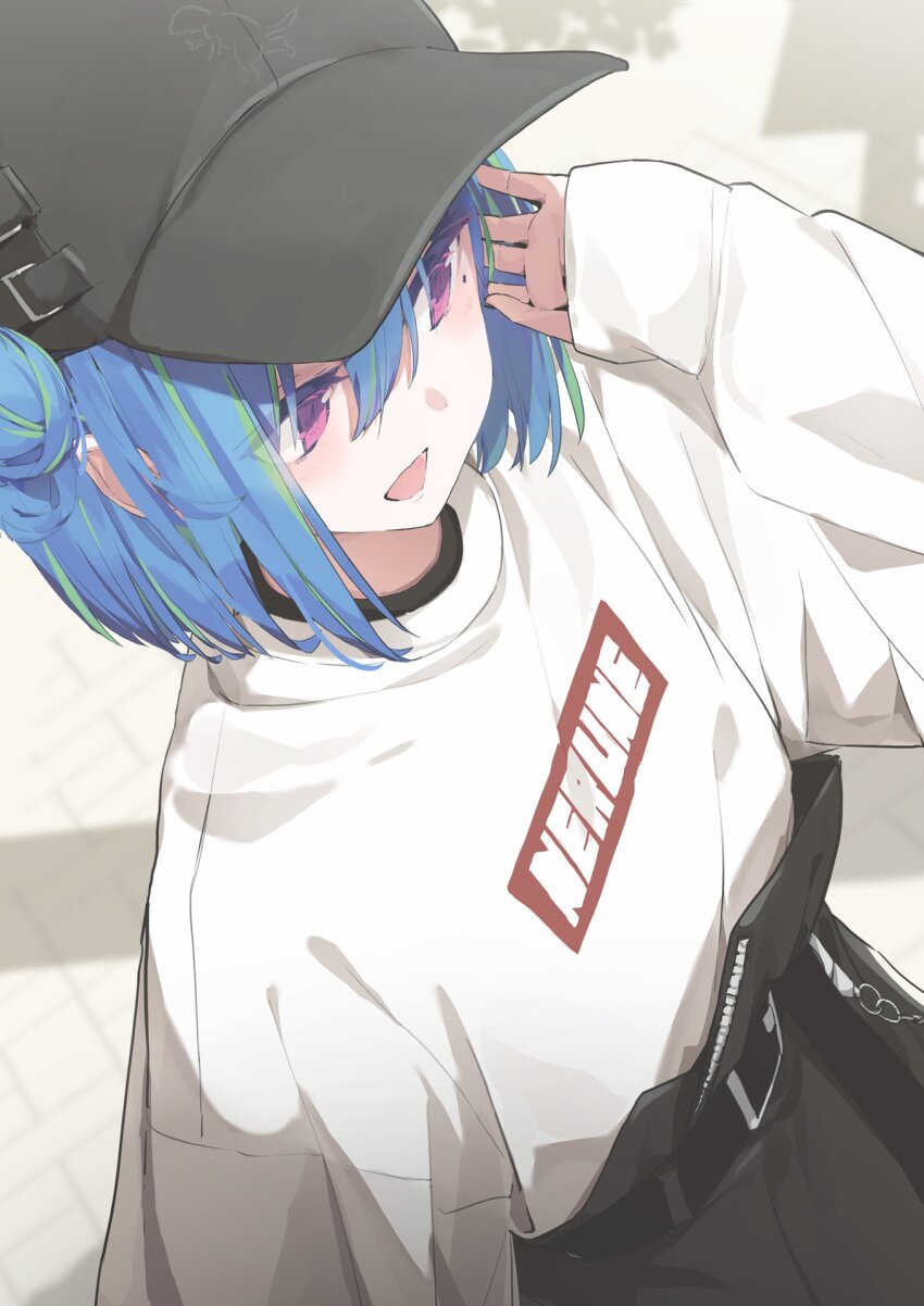 1girl baseball_cap belt black_belt black_hat black_shorts blue_hair commentary_request cowboy_shot double_bun green_hair hair_between_eyes hair_bun hand_in_own_hair hat highres long_bangs long_sleeves looking_afar mole mole_under_eye multicolored_hair nanashi_inc. open_mouth pink_eyes rb2 short_hair shorts smile solo suzumi_nemo suzumi_nemo_(2nd_costume) sweater two-tone_hair virtual_youtuber white_sweater