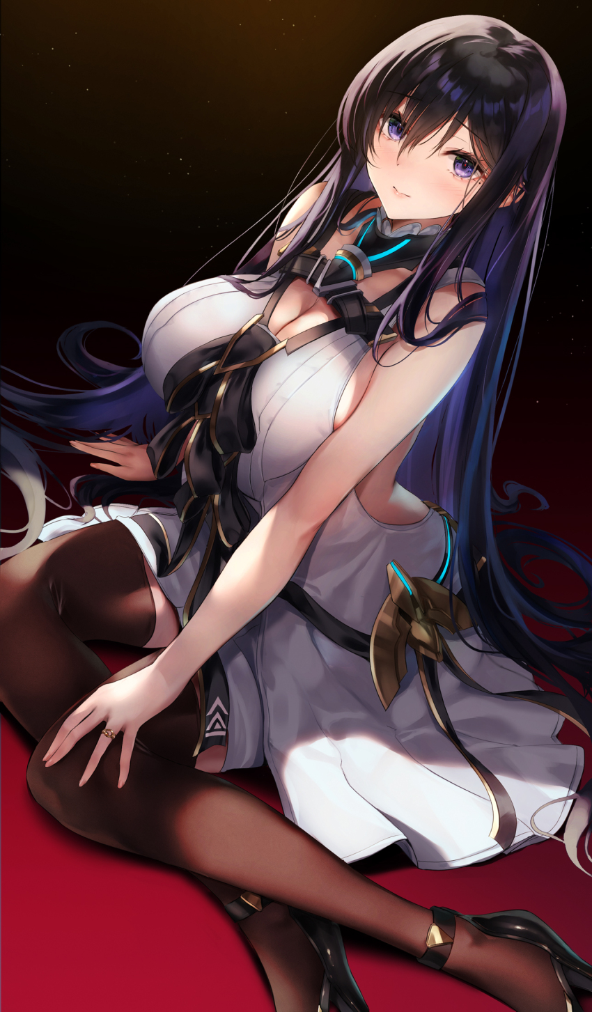 1girl alice_gear_aegis arm_support black_footwear black_hair black_thighhighs blush breasts cleavage commentary_request dress hair_between_eyes high_heels highres jewelry kagome_misaki large_breasts long_hair looking_at_viewer mole mole_under_eye purple_eyes puru_(ex-150) ring sitting sleeveless sleeveless_dress solo thighhighs white_dress yokozuwari