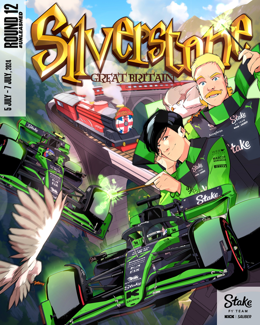 animal_on_arm bird bird_on_arm black_eyes black_hair blonde_hair blue_eyes car formula_one formula_racer harry_potter_(series) helmet highres holding holding_wand juan_alcala lens_flare logo_parody looking_at_viewer male_focus motor_vehicle mountain mullet official_art owl parody parted_lips promotional_art race_vehicle racecar real_life sauber sauber_c44 smile smoke spoiler_(automobile) tree union_jack valtteri_bottas vehicle_focus wand wizarding_world zhou_guanyu