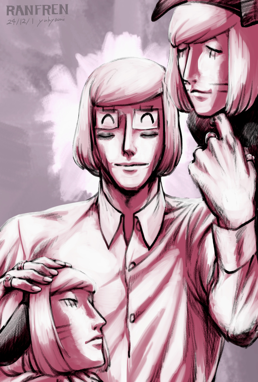 3boys animal_hat cat_hat closed_eyes commentary_request extra_eyes facial_mark hat headpat highres jewelry kyamiiiiiiiii luther_von_ivory male_focus multiple_boys multiple_rings nyen_(randal&#039;s_friends) nyon_(randal&#039;s_friends) pink_theme randal&#039;s_friends ring scratching_chin shirt short_hair smile taped_note upper_body whisker_markings