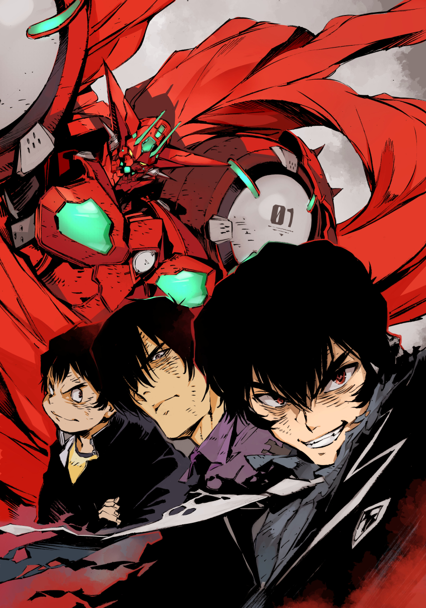 3boys absurdres black_eyes black_hair black_jacket collared_shirt getter-1_(devolution) getter_robo getter_robo_devolution head_tilt highres jacket jin_hayato_(devolution) male_focus mecha multiple_boys musashi_tomoe_(devolution) nagare_ryoma_(devolution) purple_shirt red_eyes robot science_fiction shimoguchi_tomohiro shirt smile super_robot v-shaped_eyebrows yellow_shirt