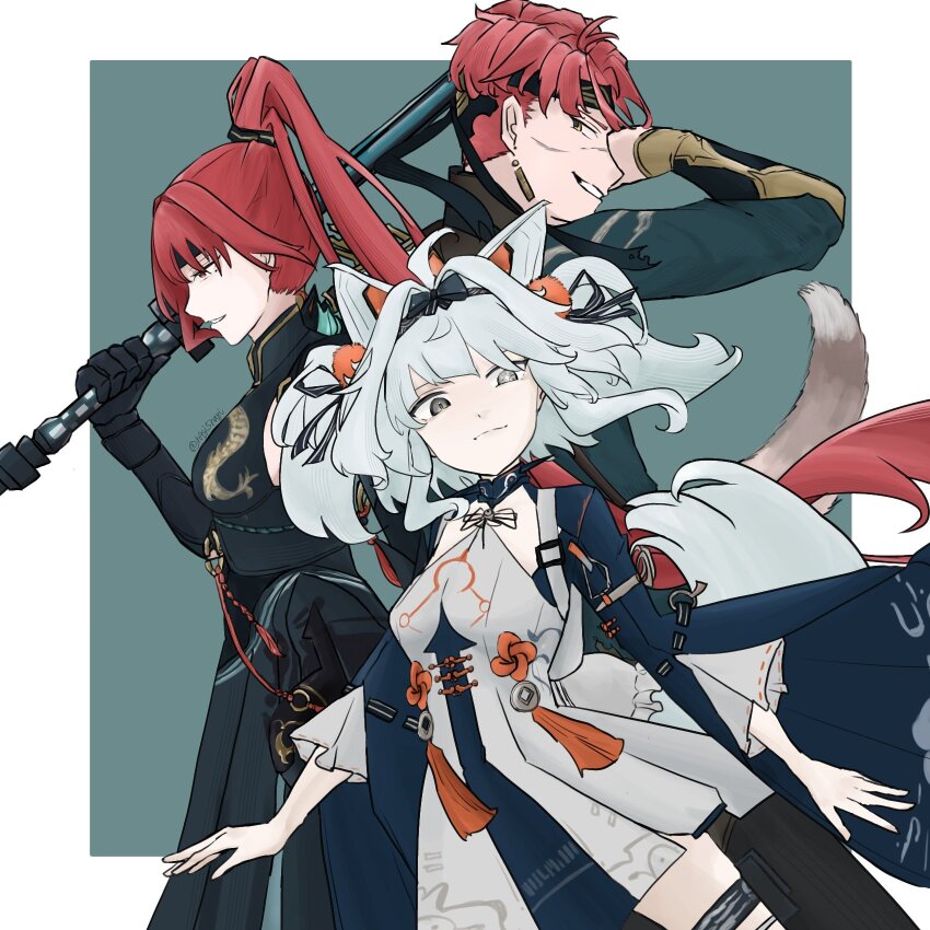 1boy 2girls animal_ears black_dress black_hairband black_headband black_jacket chinese_clothes cross-shaped_pupils dragon_print dress earrings grey_dress grey_eyes grey_hair hair_intakes hair_ornament hairband headband heterochromia highres holding holding_polearm holding_weapon jacket jewelry long_hair mechanical_ears mismatched_pupils multiple_girls n4gi5nagi no._21:_feral_scent_(pgr) no._21_(pgr) noctis_(pgr) official_alternate_costume official_alternate_hair_length official_alternate_hairstyle orange_pom_poms polearm pom_pom_(clothes) pom_pom_hair_ornament ponytail punishing:_gray_raven red_eyes red_hair short_hair symbol-shaped_pupils tail two-tone_dress two_side_up vera_(pgr) weapon wolf_ears wolf_tail