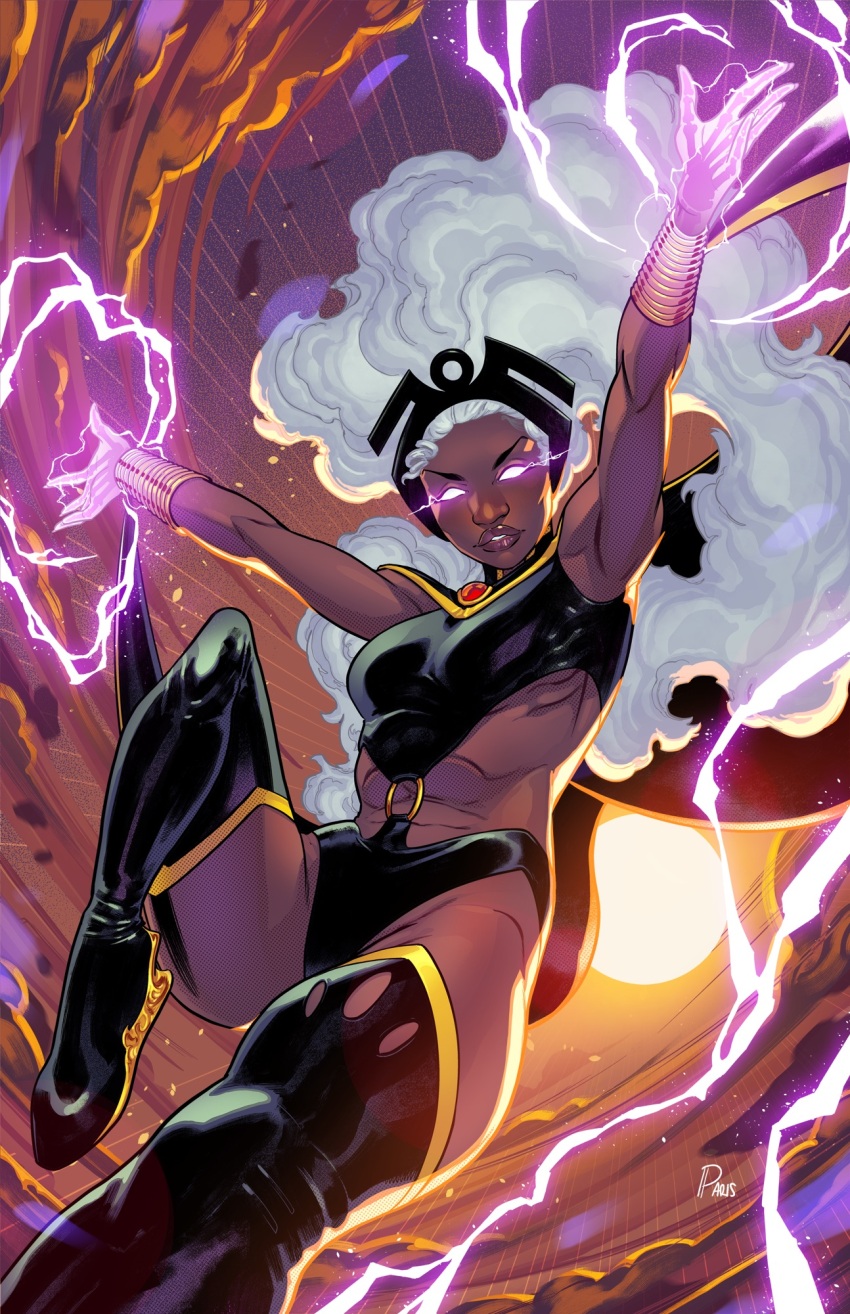 1girl big_hair black_boots black_leotard blank_eyes boots dark-skinned_female dark_skin electricity electrokinesis highres leotard long_hair looking_at_viewer marvel o-ring o-ring_leotard paris_alleyne signature solo storm_(x-men) thigh_boots white_hair x-men