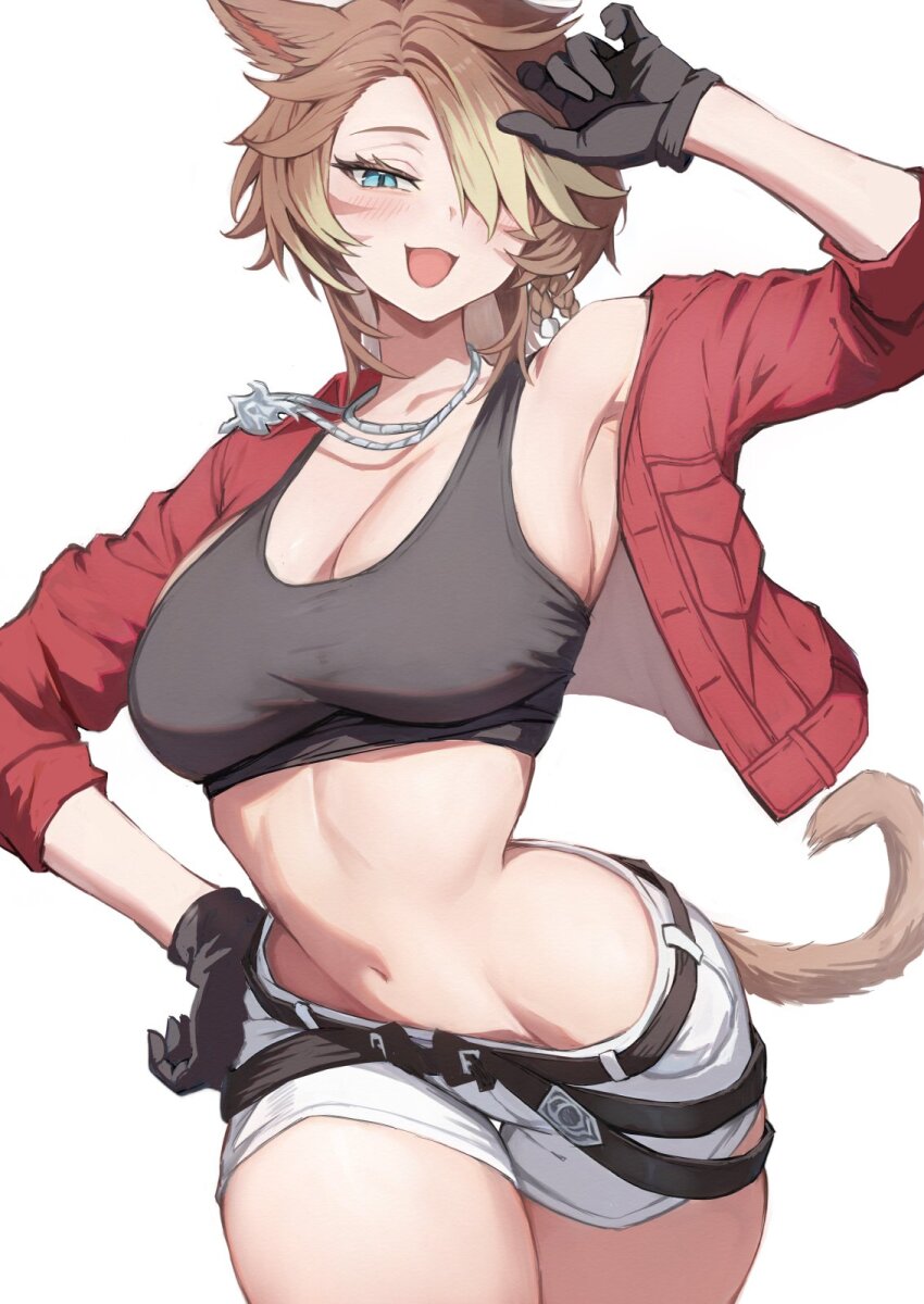 1girl animal_ears black_gloves black_tank_top blonde_hair blue_eyes breasts brown_hair cat_ears cat_girl cat_tail cleavage curvy facial_mark final_fantasy final_fantasy_xiv gloves highres jacket jewelry large_breasts looking_at_viewer medium_hair midriff miqo&#039;te multicolored_hair navel necklace open_clothes open_jacket red_jacket shorts solo tail tank_top thick_thighs thighs torisanff14 two-tone_hair warrior_of_light_(ff14) whisker_markings white_shorts wide_hips