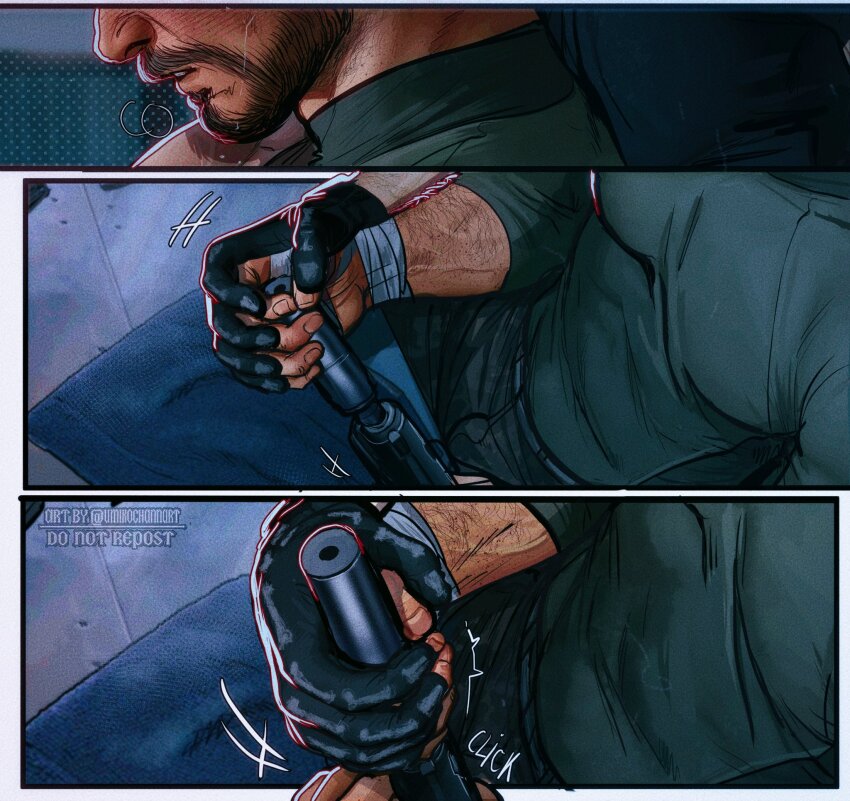 2boys bandaged_hand bandages bara black_gloves black_shirt call_of_duty call_of_duty:_modern_warfare_2 facial_hair fingerless_gloves ghost_(modern_warfare_2) gloves green_shirt gun highres holding holding_gun holding_weapon large_pectorals male_focus multiple_boys muscular muscular_male pectorals shirt soap_(modern_warfare_2) suppressor umikochannart weapon yaoi