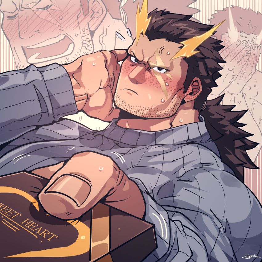 1boy bara beard_stubble blue_sweater blush brown_hair chiseled_face closed_eyes closed_mouth face_in_hands facial_hair gift hand_on_own_face highres holding holding_gift lightning_bolt_symbol looking_at_viewer male_focus multiple_views muscular muscular_male nervous_sweating no_eyebrows open_mouth ponytail pov rybiok shy signature spiked_hair stubble sweat sweater taishakuten_(housamo) tokyo_houkago_summoners trembling upper_body