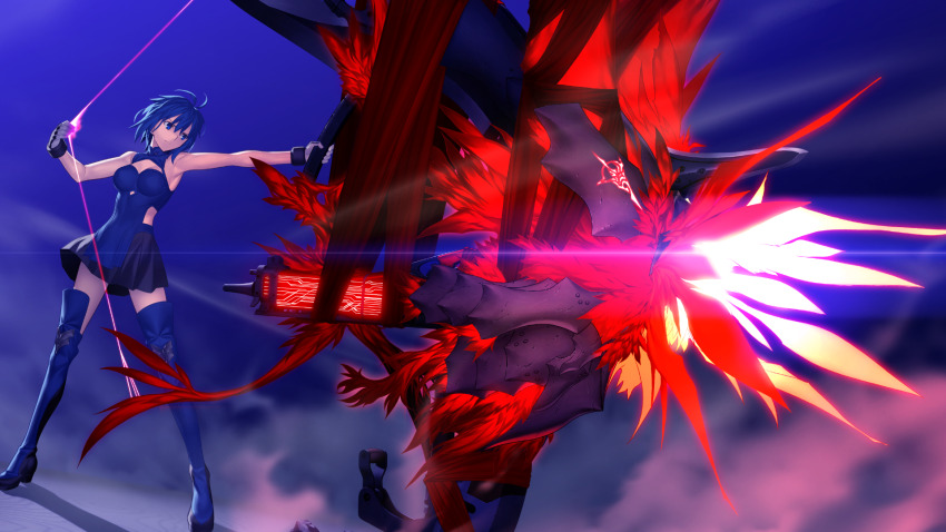 1girl bare_shoulders blue_eyes blue_hair bodysuit boots breasts ciel_(tsukihime) game_cg gloves highres holding holding_weapon medium_breasts night official_art outdoors powered_ciel short_hair solo takeuchi_takashi tsukihime tsukihime_(remake) weapon