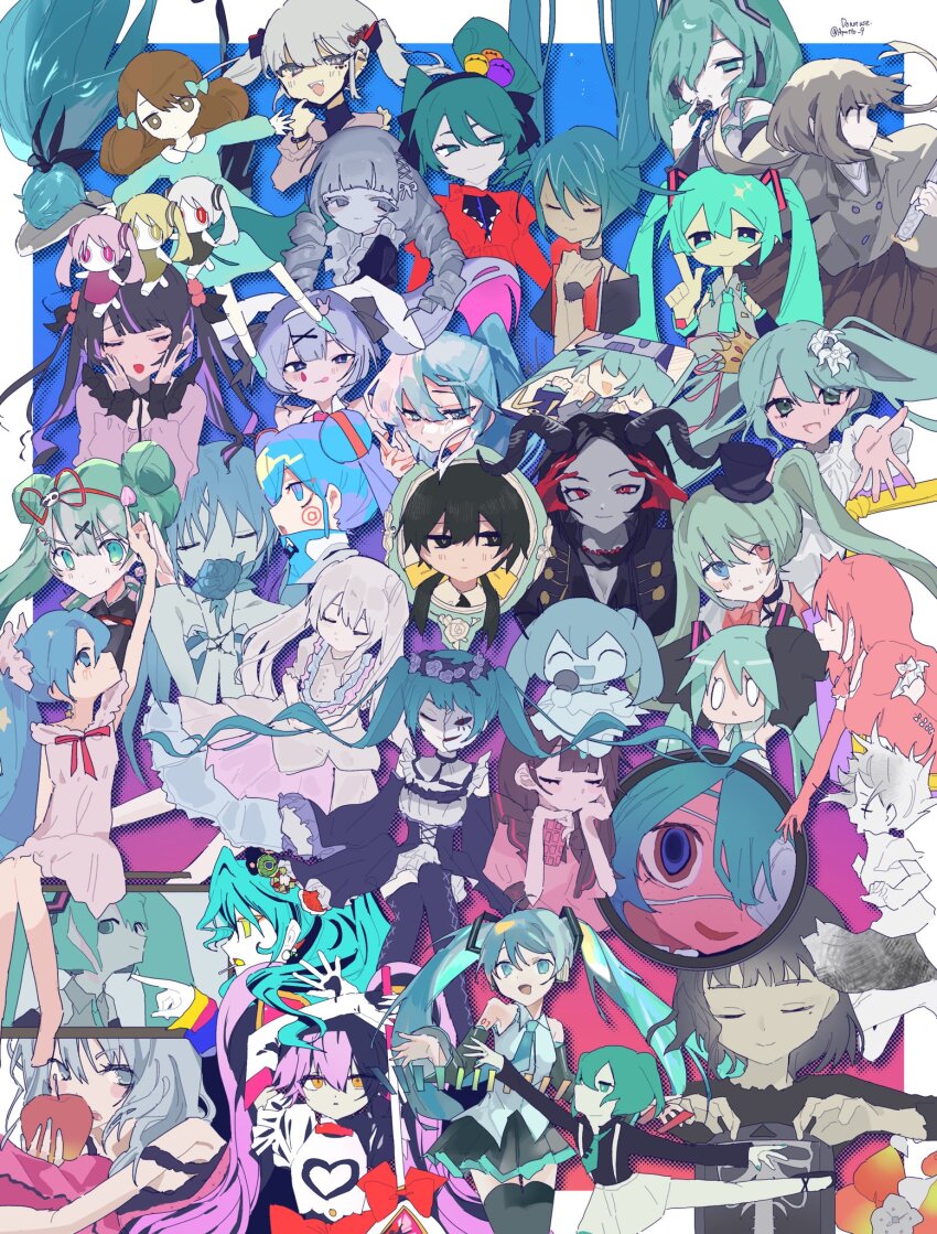 0_0 6+girls alkali_rettousei_(vocaloid) animal_ears annotated apple apricot_(vocaloid) apu_(aputto_9) aqua_eyes aqua_hair bird black_eyes black_hair black_shirt black_skirt black_thighhighs blue_hair blush bow brown_hair chibi choker circus_panic!!!_(vocaloid) closed_eyes closed_mouth copyright_request crow detached_sleeves double_bun dress echo_(higma) english_text eyepatch fake_animal_ears floating_hair flower food fruit green_hair grey_hair grey_jacket hair_bow hair_bun hair_flower hair_ornament hair_over_one_eye hairband half_mask hana_ni_kaze_(vocaloid) hana_wo_utau_(vocaloid) hand_mirror hao_(vocaloid) hat hatsune_miku head_wreath headset heart highres holding holding_flower holding_microphone holding_wand horns index_finger_raised invisible_chair iyowa_girls jacket long_hair looking_at_viewer mask mask_pull medical_eyepatch microphone mini_hat mini_top_hat mirror monitor monitoring_(vocaloid) mouth_mask multiple_girls multiple_persona necktie nee_nee_nee._(vocaloid) open_mouth otome_kaibou_(vocaloid) outstretched_arm pink_dress pink_shirt psi_(vocaloid) rabbit_ears rabbit_hole_(vocaloid) reaching reaching_towards_viewer red_dress red_eyes riko_(iyowa) ririka_(#compass) romeo_to_cinderella_(vocaloid) rurubu_(vocaloid) shirt short_hair shuuen_touhikou_(vocaloid) sitting skirt sleeveless sleeveless_shirt smile standing standing_on_one_leg suspender_skirt suspenders teardrop_facial_mark thighhighs top_hat twintails twitter_username unknown_mother_goose_(vocaloid) vampire_(vocaloid) vocaloid wand white_dress x-ray_film x_hair_ornament yellow_eyes