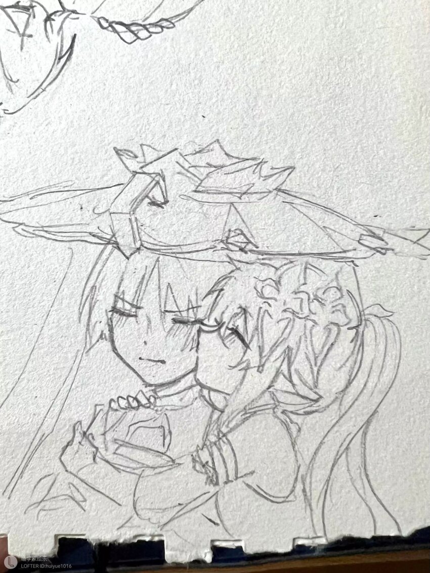 1boy 1girl armlet art_tools_in_frame blunt_ends blush bodysuit closed_eyes closed_mouth detached_sleeves dress eyelashes facing_another facing_viewer genshin_impact graphite_(medium) hand_on_another&#039;s_arm hand_on_another&#039;s_shoulder hat hetero highres hug hug_from_side huiyue1016 japanese_clothes jewelry jingasa kimono kiss kissing_cheek lofter_username long_hair nahida_(genshin_impact) pointy_ears scaramouche_(genshin_impact) side_ponytail sidelocks traditional_media v-shaped_eyebrows wanderer_(genshin_impact)