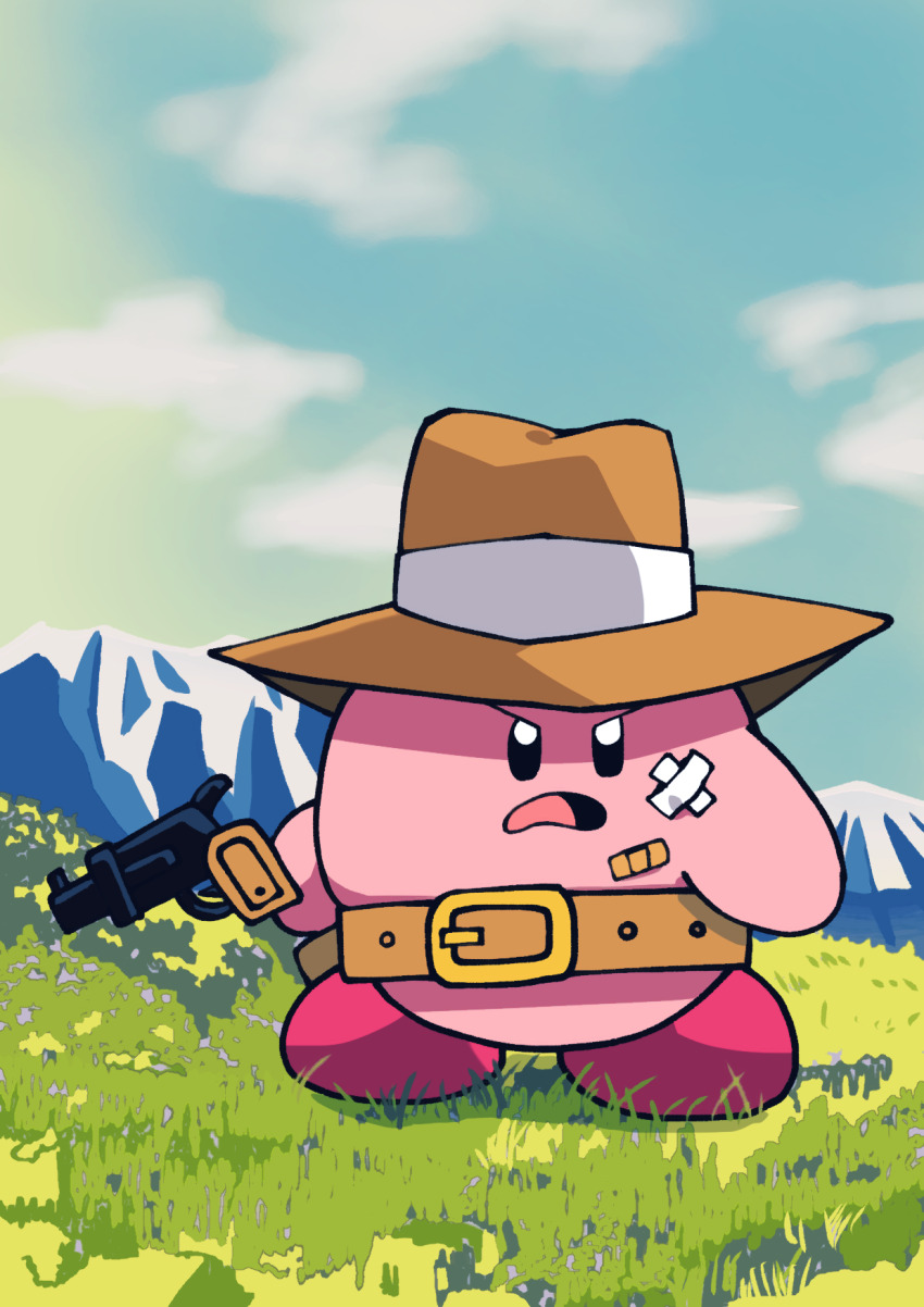 bandaid bandaid_on_face batchgooya belt belt_buckle blue_sky buckle colored_skin cowboy_hat grass gun handgun hat highres holding holding_gun holding_weapon kirby kirby_(series) kirby_super_star nintendo no_humans open_mouth outdoors pink_skin revolver sky solo weapon
