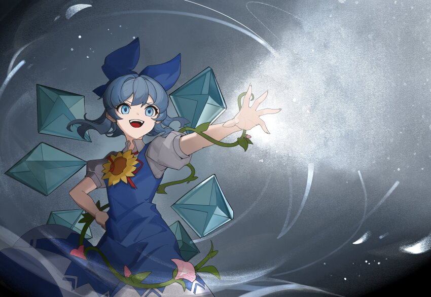 1girl absurdres blue_bow blue_dress blue_eyes blue_hair bow cirno detached_wings devilkillerx dress fairy fairy_wings flower frozen hair_bow highres ice ice_wings open_mouth pinafore_dress sleeveless sleeveless_dress solo touhou touhou_lost_branch_of_legend wings